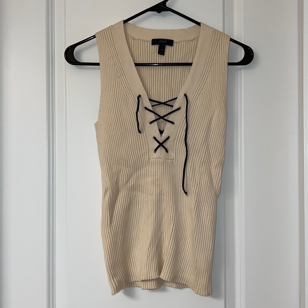 J Crew XXS Ribbed Stretchy Lace up top in tan